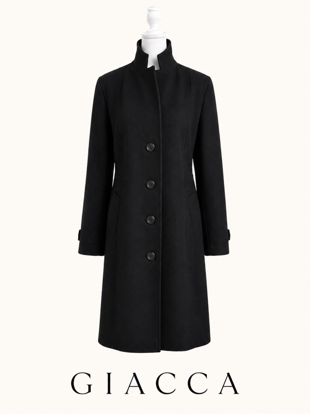 Giacca Black Stand-Collar Wool-Blend Trench Coat